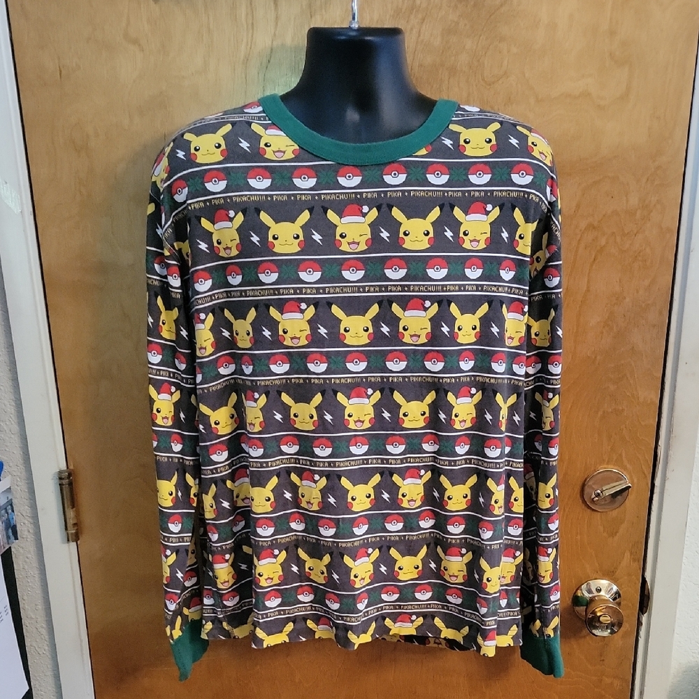 Pokemon Adult Green Pikachu Holiday Crew Neck Long Sleeve Top Size XXL
